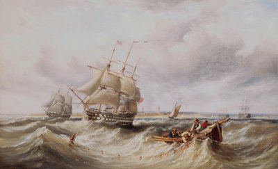 En todækker, der forlader havnen med andre krigsskibe forankret i vejen (olie) af Ebenezer Colls