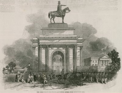 Den store Wellington-statue og bue, som den ville se ud fra Constitution Hill af Ebenezer Landells