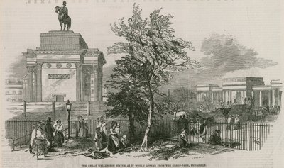 Den store Wellington-statue og buen, som den ville se ud fra Green Park, Piccadilly af Ebenezer Landells