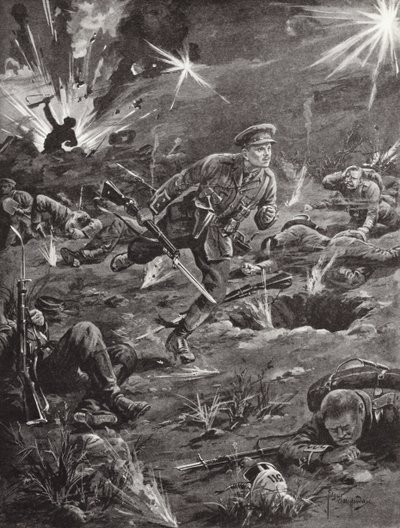 Løjtnant Benjamin Geary skynder sig under kraftig granatild til en skyttegrav til højre for Hill 60 for at komme i kontakt med en officer, Ypres, Belgien, april 1915 af Edgar Alfred Holloway