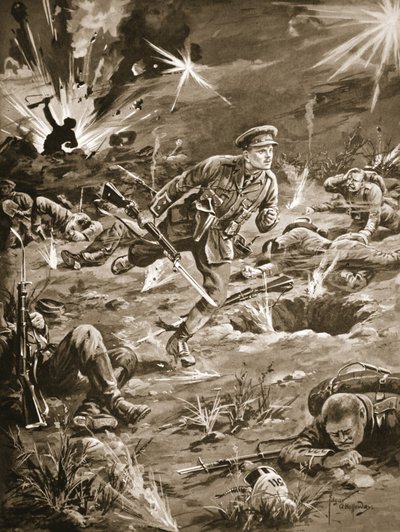 Løjtnant Geary skynder sig under kraftig beskydning til en skyttegrav på højre side af Hill 60 for at komme i kontakt med en officer af Edgar Alfred Holloway