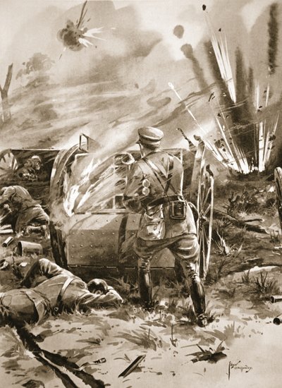 Major Warren fjerner patroner fra en flammende ammunitionsvogn med stor personlig risiko af Edgar Alfred Holloway