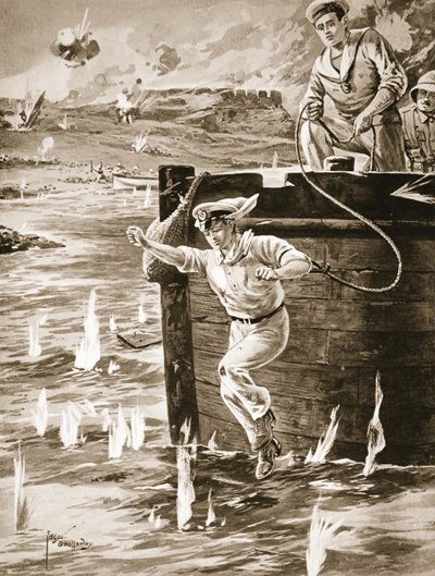 Midtskibsmand Malleson hopper med en line fra en pram for at forbinde en anden pram, der drev af Edgar Alfred Holloway
