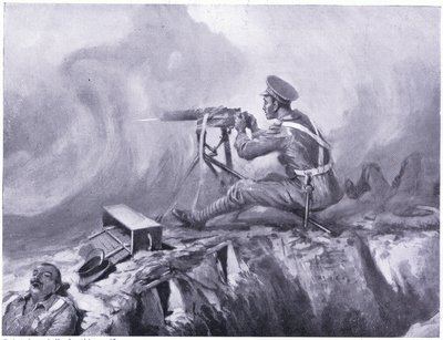 Menig Lynn dør af gasforgiftning, serverer et maskingevær og slår et tysk angreb af. Ypres april 1915 af Edgar Alfred Holloway