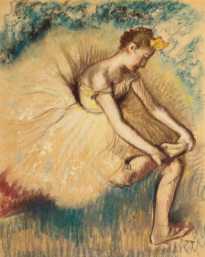 En danser, der tager sin sko på; Danser, der binder sin sko, 1896 af Edgar Degas