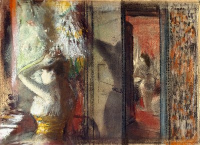 Skuespillerinders omklædningsrum, ca. 1885 (pastel over radering på papir) af Edgar Degas