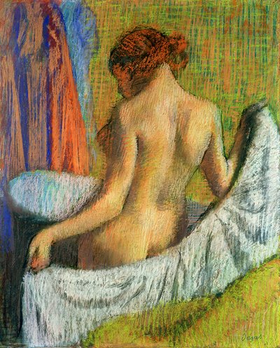 Efter badet, kvinde med et håndklæde, ca. 1885-90 (pastel på vævet papir) af Edgar Degas