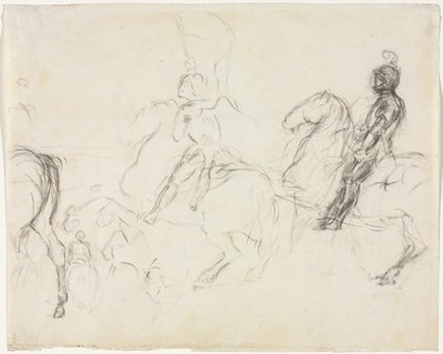 Kampscene med pansrede figurer på hesteryg recto to siddende kvinder verso, 1856-1860. af Edgar Degas