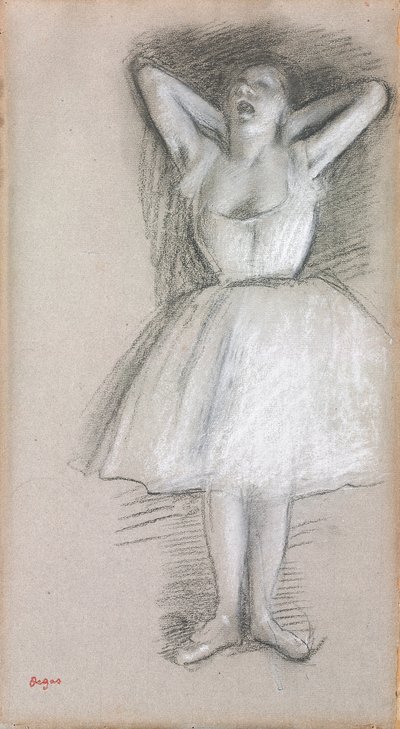 Danser, armene løftet bag hovedet; Danserinde, hendes arme løftet og bragt bag hovedet, af Edgar Degas