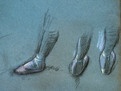 Danser fra ryg- og trefodsstudier (detalje). Omkring 1878. Kul og pastel på papir af Edgar Degas