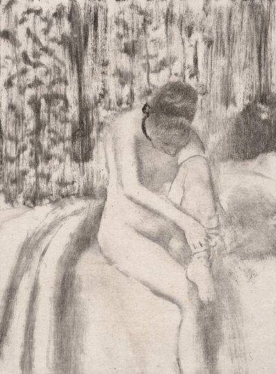 Pige tager sine strømper på, 1876-77. af Edgar Degas