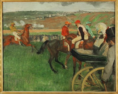 Væddeløbsbanen. Amatørjockeyer i nærheden af en vogn (olie på lærred) af Edgar Degas