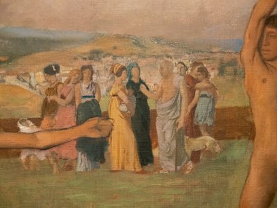 Små spartanske piger provokerer drenge (detaljer). Omkring 1860-1862, genoptaget før 1880. Olie på lærred af Edgar Degas