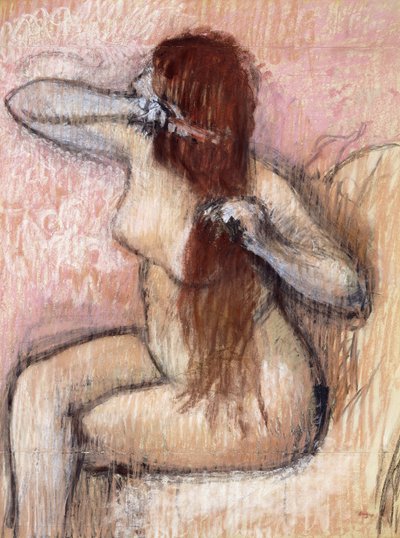 nøgen siddende kvinde arrangerer hendes hår; Siddende nøgen kvinde reder sit hår, ca. 1887-1890 af Edgar Degas