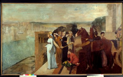 Semiramis bygger Babylon Semiramis (Semiramide), den legendariske dronning af Assyrien og Babylonien, overvejer på Eufrats bredder byen, der vil blive et af verdens syv vidundere. Maleri af Edgar Degas (1834-1917) 1861 søn. 1,51x2,58 af Edgar Degas