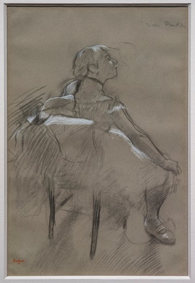 Siddende danser (Nelly Frankly). Omkring 1880. Trækul hævet med hvidt kridt på papir. Særlig samling. af Edgar Degas
