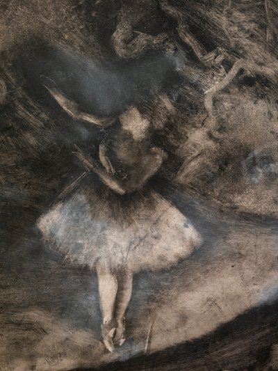 The Master of Ballet (detalje) (udført i samarbejde med Ludovic Lepic). 1876. Monotypi i sort blæk med hvide kridtfremhævninger af Edgar Degas