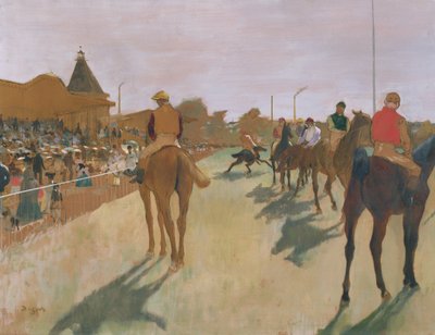 Paraden eller væddeløbshestene foran tribunerne, ca.1866-68 (olie på papir) af Edgar Degas