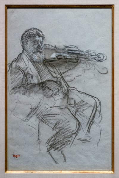 Violinisten. 1879. Trækul og hvide kridtfremhævninger på blågråt papir. Boston, Museum of Fine Arts, William Francis Warden Fund. af Edgar Degas