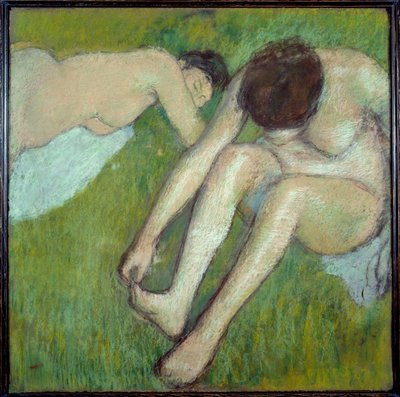 To badende på pastelgræs på brunt papir af Edgar Degas (1834-1917) 1890 Søn. 0,7x0,7 m Paris, Musee d
