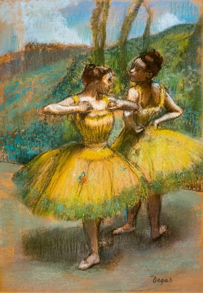 To dansere i gult. Omkring 1896. Pastel og kul på to strimler papir. af Edgar Degas