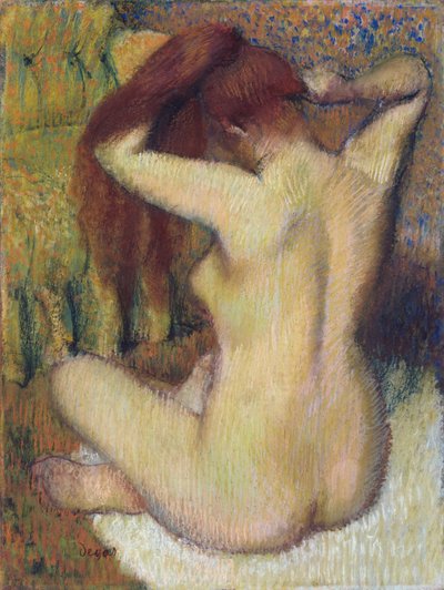 Kvinde kæmmer sit hår, ca. 1888-90 (pastel på lysegrønt vævet papir fastgjort til montering) af Edgar Degas