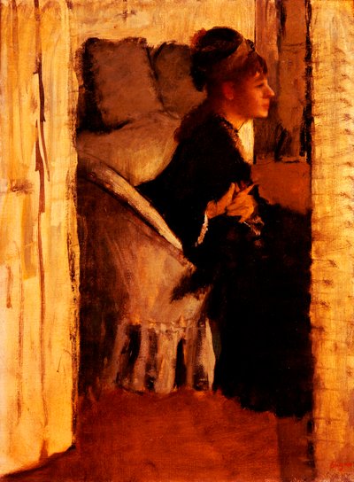Kvinde tager sine handsker på (olie på lærred) af Edgar Degas