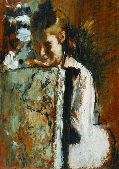 Ung pige, der sidder lænet op ad stoleryggen; Ung pige siddende lænet på ryggen af ​​en lænestol, ca. 1889 af Edgar Degas