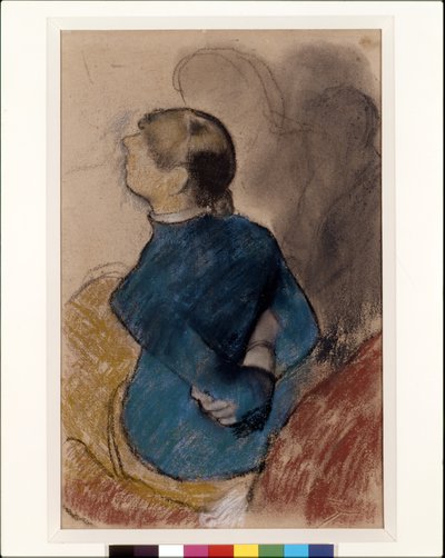 Ung kvinde i blåt (pastel over trækul på brunpapir) af Edgar Degas
