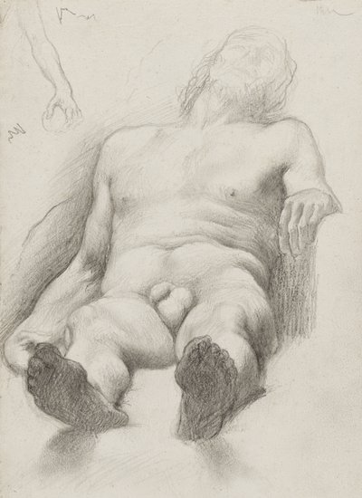 Studie - Reclining Nude Man, 1856-58 (grafit på cremefarvet papir) af Edgar Degas