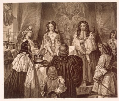 Kronen tilbudt William og Mary af Lords and Commons i Whitehall den 12. februar af Edgar Melville (after) Ward