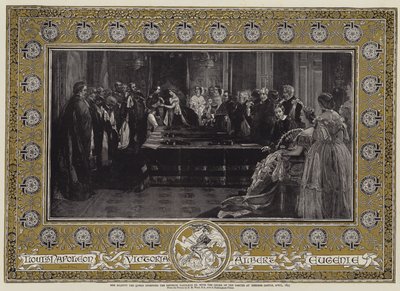 Hendes Majestæt Dronningen uddeler kaiser Napoleon III. med strømpebåndets orden på Windsor Castle, april 1855 af Edgar Melville Ward