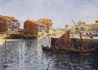 Nordspanien: Llanes, Havnen (farve litho) af Edgar T. A. Wigram
