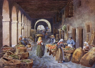 Nordspanien: Salamanca, arkader på Plaza de la Verdura (farve litho) af Edgar T. A. Wigram