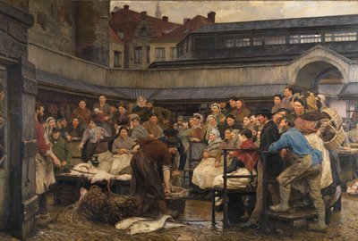 Det gamle fiskemarked i Antwerpen i 1882 (olie på lærred) af Edgard Farasyn