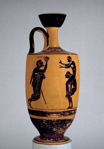 Attic sort-figur lekythos dekoreret med en gammel mand, der kaster en bold til en ungdom, ca. 500 f.Kr. (keramik) af Edinburgh Painter