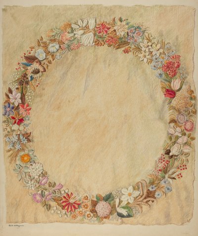 Crewel broderi til bord af Edith Magnette