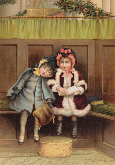To piger i kirken julemorgen (chromolitho) af Edith S. Berkeley