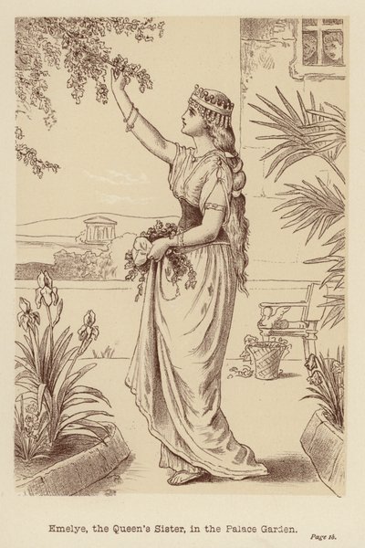 Emelye, dronningens søster, i slotshaven (litografi) af Edith Scannell
