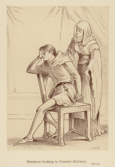 Prudence søger at trøste Melibeus (litografi) af Edith Scannell