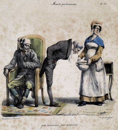 Syg, læge kigger i gryden og tjener. Tegneserie af parisisk moral af Pigal (1800-tallet), bevaret på Musee Dobree i Nantes. af Edme Jean (after) Pigal