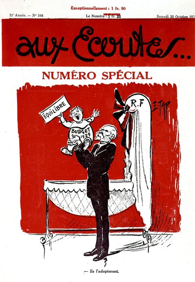 Forsiden af den franske avis Aux Ecoutes med en baby, der repræsenterer budgettet for 1929, som vil være i vuggen (den franske republik) af Edmond (1861 1943) Tapissier