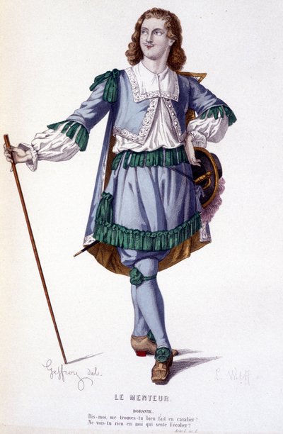 Karakteren Dorante i komedien Le Menteur - Full Theatre: (Samling af skuespil af Corneille) tegning af Geffroy, gravering af L. Wolff - udg. Laplace, Sanchez et Cie, Paris 1884 af Edmond Aime Florentin Geffroy