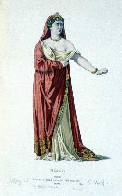 Medees karakter i tragedien Medee - Full Theatre: (Samling af skuespil af Corneille) tegning af Geffroy, gravering af L. Wolff - udg. Laplace, Sanchez et Cie, Paris 1884 af Edmond Aime Florentin Geffroy