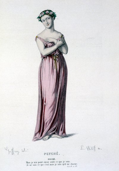 Psyches karakter i tragikomedien og balletten Psyche, Moliere et Corneille - Fuldt teater: (Samling af skuespil af Corneille) tegning af Geffroy, gravering af L. Wolff - udg. Laplace, Sanchez et Cie, Paris 1884 af Edmond Aime Florentin Geffroy