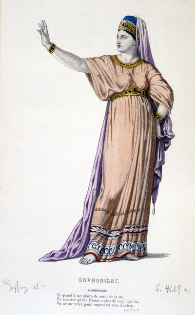 Karakteren af Sophonisbe i Tragedie Sophonisbe - Full Theatre: (Collection of Plays af Corneille) Tegning af GeFfroy, gravering af L. Wolff - Ed. Laplace, Sanchez et Cie, Paris 1884 af Edmond Aime Florentin Geffroy