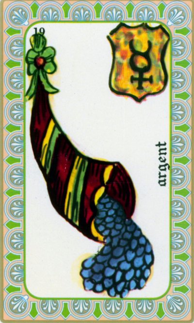 Magus tarot Belline piirtänyt Edmond Billaudot c. 1845 ja annettiin selvänäkijä Bellinelle uudelleen liikkeeseen laskettavaksi: rahakortti: kolikot runsauden sarvessa af Edmond Billaudot