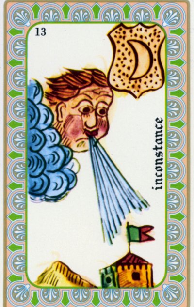 tarot af magus Belline tegnet af Edmond Billaudot ca. 1845 og givet til clairvoyant Belline til genudgivelse: kort om vægelsindetheden: vinden blæser af Edmond Billaudot