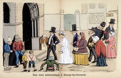 Tegnefilm om det franske samfund af Lavrate: et aristokratisk bryllup i Coussy les Cornards. 1880 af Edmond Lavrate