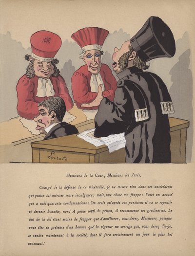 Retssal scene (farve litho) af Edmond Lavrate